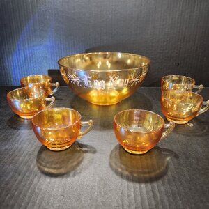 Jeanette Glass Peach/Gold Luster "Egg Nog" Punch Bowl With 6 Cups Carnival Glass